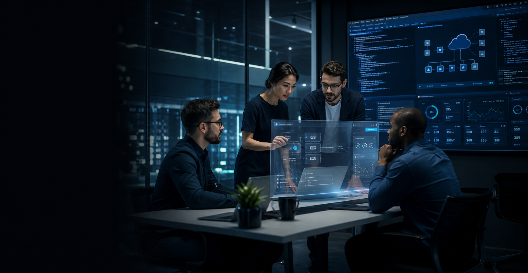Professional custom software development team reviewing enterprise dashboards